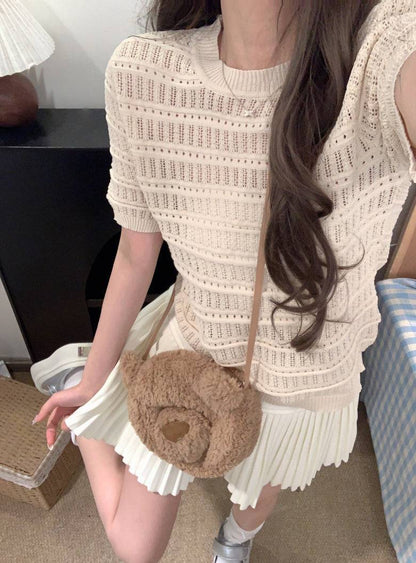 OOTDAY sweet knit summer top, hollow-out button detail tee, pink lace knit blouse for girls, slim fit acetate knit shirt, Korean soft girl summer outfit