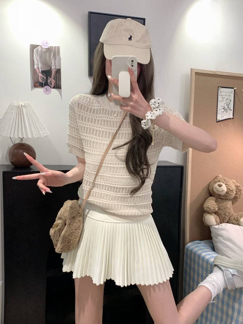 OOTDAY sweet knit summer top, hollow-out button detail tee, pink lace knit blouse for girls, slim fit acetate knit shirt, Korean soft girl summer outfit