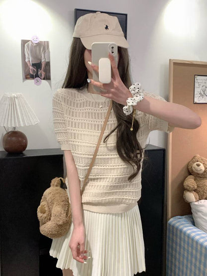 OOTDAY sweet knit summer top, hollow-out button detail tee, pink lace knit blouse for girls, slim fit acetate knit shirt, Korean soft girl summer outfit