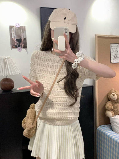 OOTDAY sweet knit summer top, hollow-out button detail tee, pink lace knit blouse for girls, slim fit acetate knit shirt, Korean soft girl summer outfit