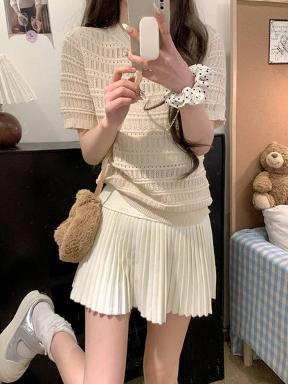 OOTDAY sweet knit summer top, hollow-out button detail tee, pink lace knit blouse for girls, slim fit acetate knit shirt, Korean soft girl summer outfit