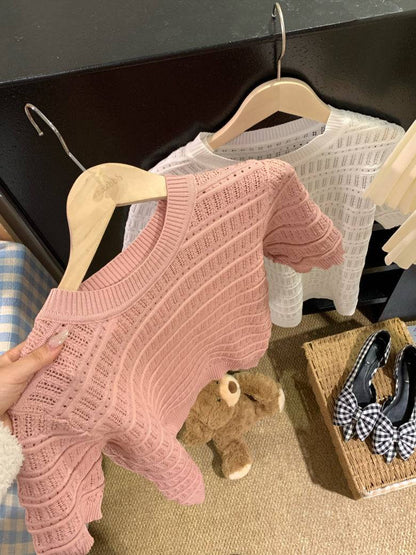 OOTDAY sweet knit summer top, hollow-out button detail tee, pink lace knit blouse for girls, slim fit acetate knit shirt, Korean soft girl summer outfit