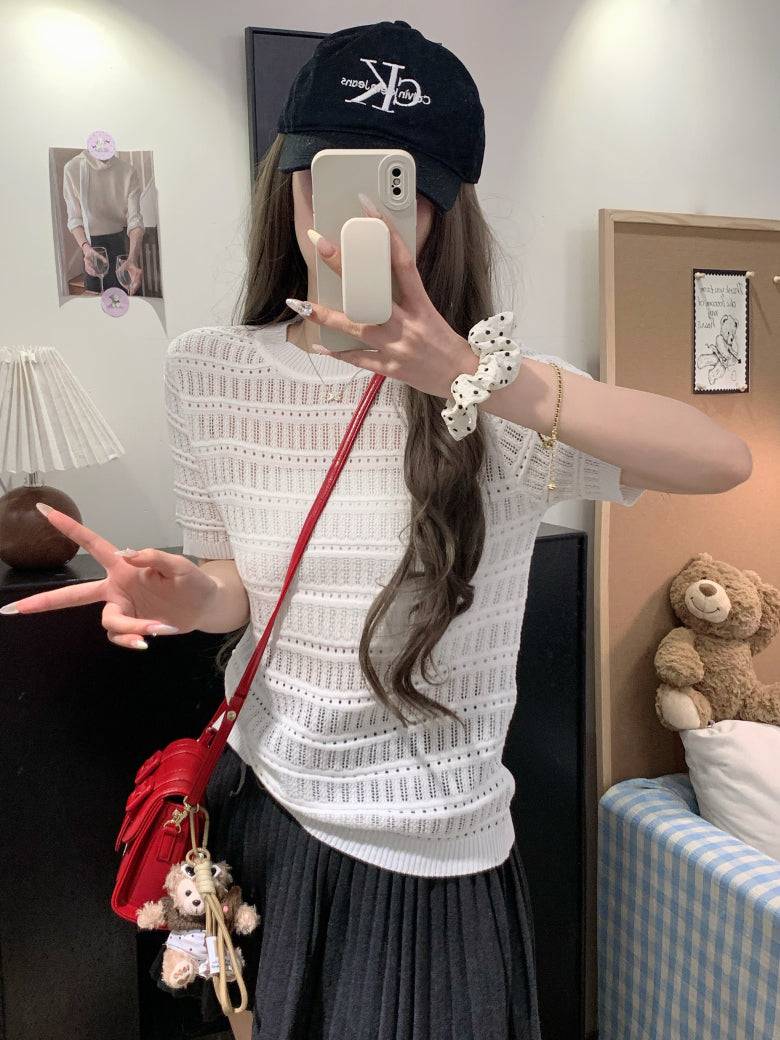 OOTDAY sweet knit summer top, hollow-out button detail tee, pink lace knit blouse for girls, slim fit acetate knit shirt, Korean soft girl summer outfit