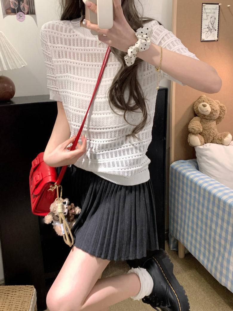 OOTDAY sweet knit summer top, hollow-out button detail tee, pink lace knit blouse for girls, slim fit acetate knit shirt, Korean soft girl summer outfit