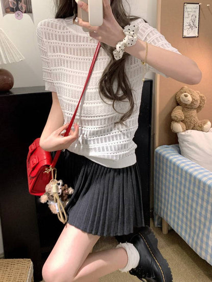 OOTDAY sweet knit summer top, hollow-out button detail tee, pink lace knit blouse for girls, slim fit acetate knit shirt, Korean soft girl summer outfit