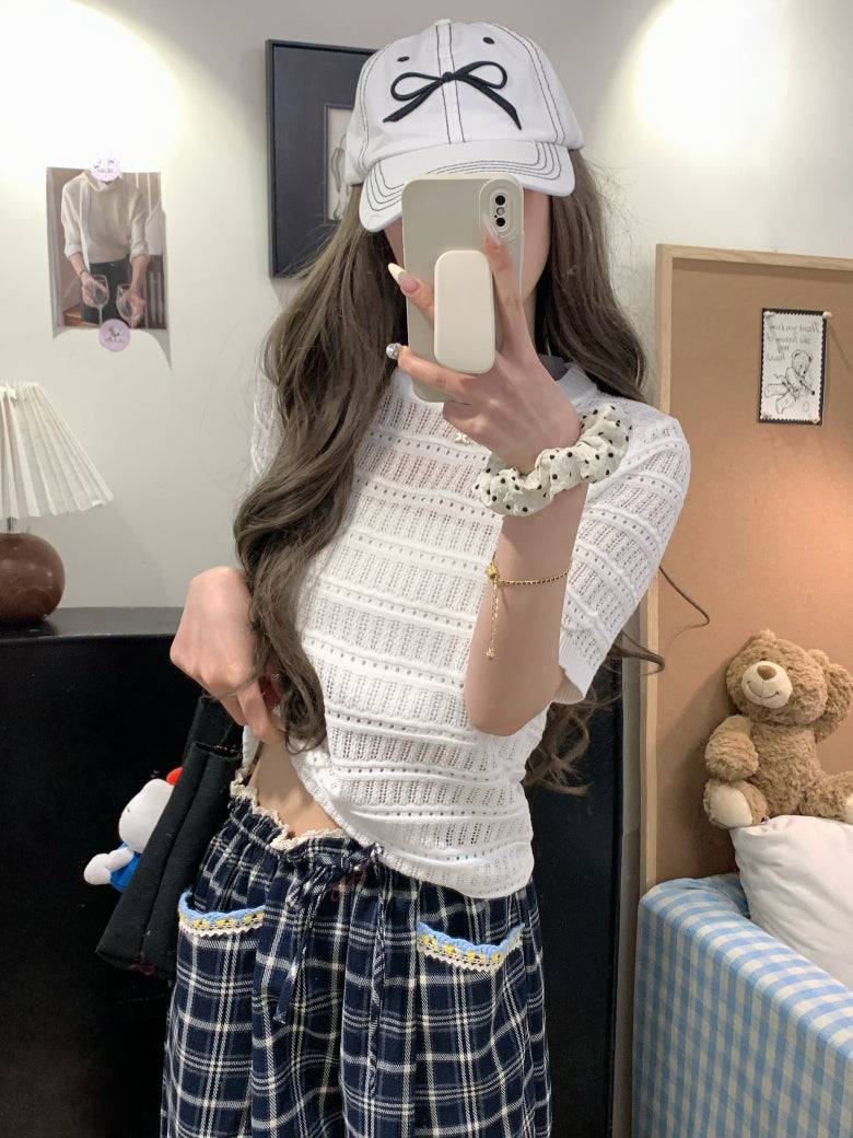 OOTDAY sweet knit summer top, hollow-out button detail tee, pink lace knit blouse for girls, slim fit acetate knit shirt, Korean soft girl summer outfit