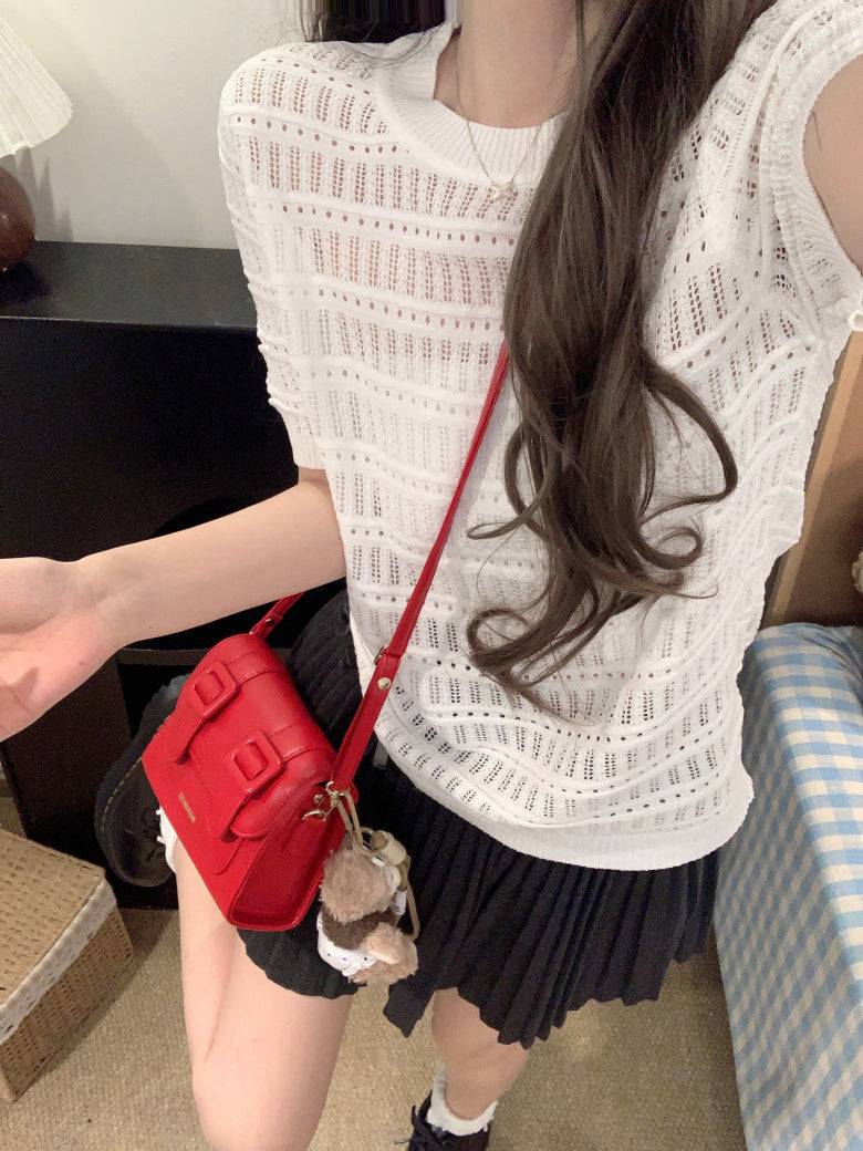 OOTDAY sweet knit summer top, hollow-out button detail tee, pink lace knit blouse for girls, slim fit acetate knit shirt, Korean soft girl summer outfit