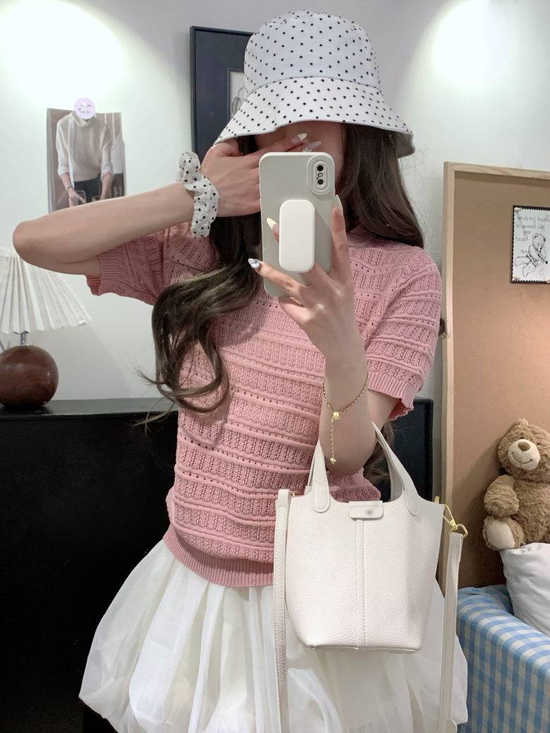 OOTDAY sweet knit summer top, hollow-out button detail tee, pink lace knit blouse for girls, slim fit acetate knit shirt, Korean soft girl summer outfit