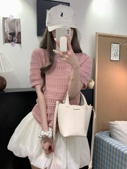 OOTDAY sweet knit summer top, hollow-out button detail tee, pink lace knit blouse for girls, slim fit acetate knit shirt, Korean soft girl summer outfit