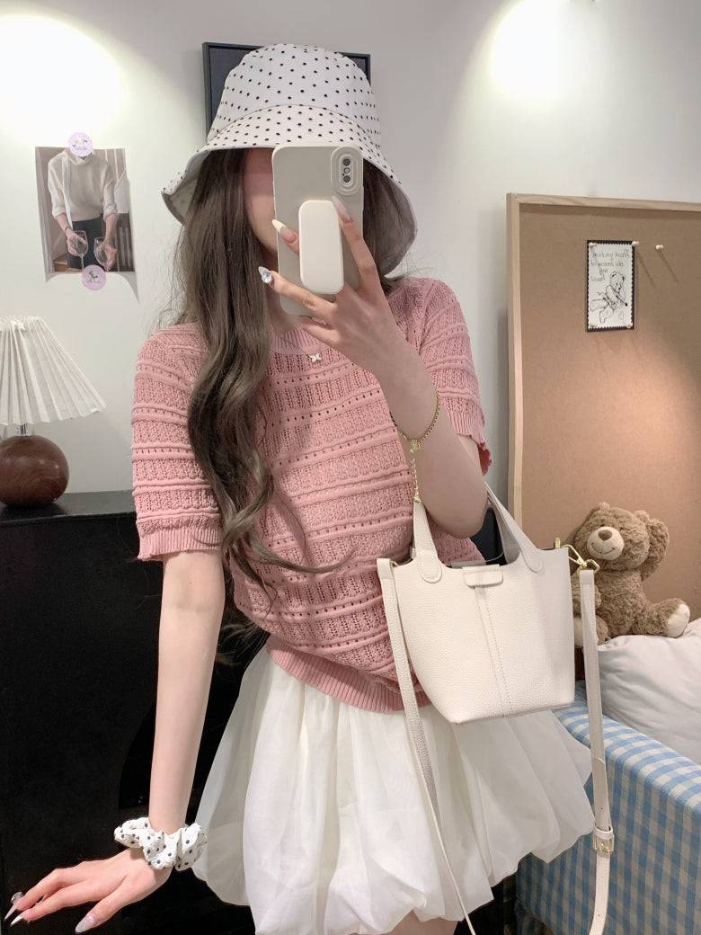 OOTDAY sweet knit summer top, hollow-out button detail tee, pink lace knit blouse for girls, slim fit acetate knit shirt, Korean soft girl summer outfit