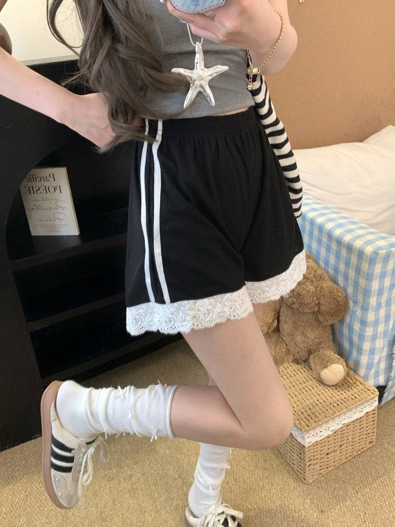 OOTDAY lace trim shorts, sweet sporty wide-leg shorts, preppy lounge shorts for girls, high-waisted summer casual shorts, Korean style lace hem shorts