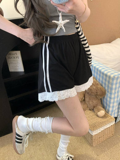 OOTDAY lace trim shorts, sweet sporty wide-leg shorts, preppy lounge shorts for girls, high-waisted summer casual shorts, Korean style lace hem shorts