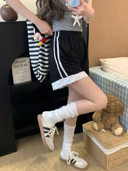 OOTDAY lace trim shorts, sweet sporty wide-leg shorts, preppy lounge shorts for girls, high-waisted summer casual shorts, Korean style lace hem shorts