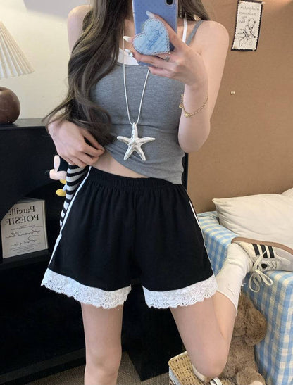 OOTDAY lace trim shorts, sweet sporty wide-leg shorts, preppy lounge shorts for girls, high-waisted summer casual shorts, Korean style lace hem shorts