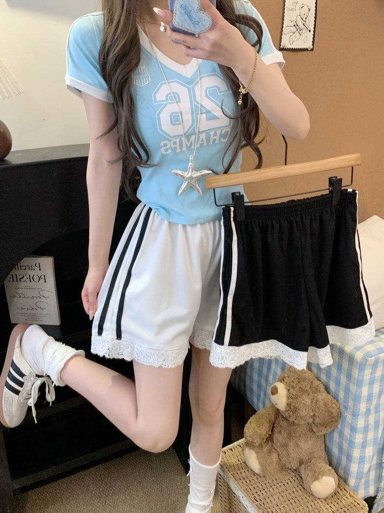 OOTDAY lace trim shorts, sweet sporty wide-leg shorts, preppy lounge shorts for girls, high-waisted summer casual shorts, Korean style lace hem shorts