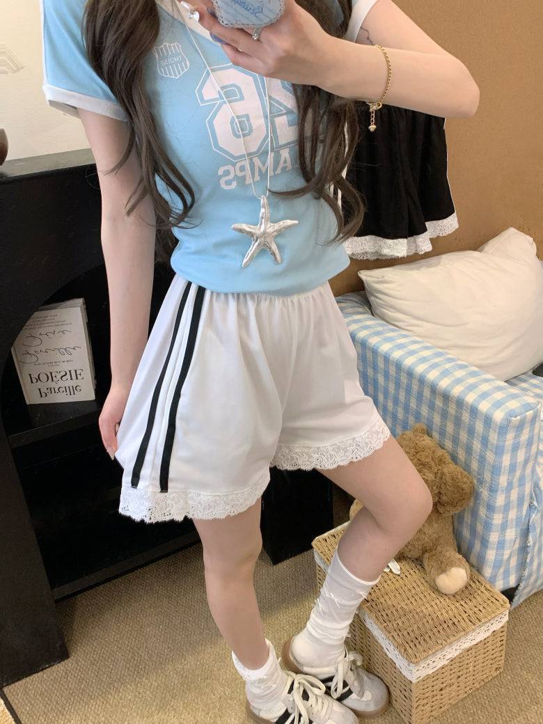 OOTDAY lace trim shorts, sweet sporty wide-leg shorts, preppy lounge shorts for girls, high-waisted summer casual shorts, Korean style lace hem shorts