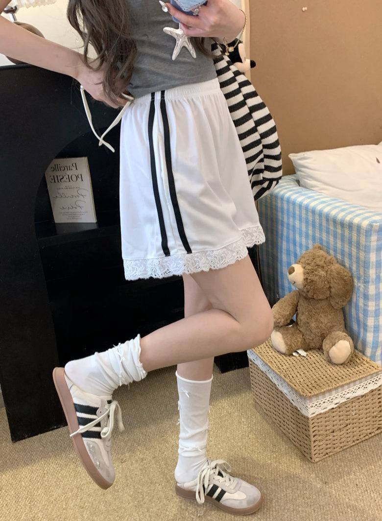 OOTDAY lace trim shorts, sweet sporty wide-leg shorts, preppy lounge shorts for girls, high-waisted summer casual shorts, Korean style lace hem shorts