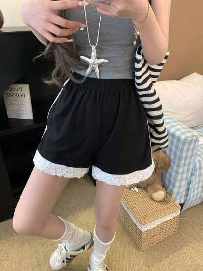 OOTDAY lace trim shorts, sweet sporty wide-leg shorts, preppy lounge shorts for girls, high-waisted summer casual shorts, Korean style lace hem shorts