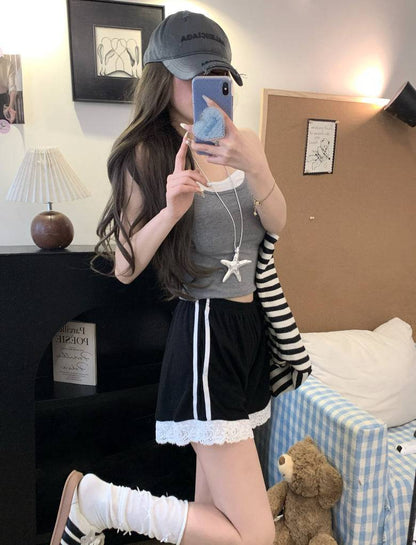 OOTDAY lace trim shorts, sweet sporty wide-leg shorts, preppy lounge shorts for girls, high-waisted summer casual shorts, Korean style lace hem shorts