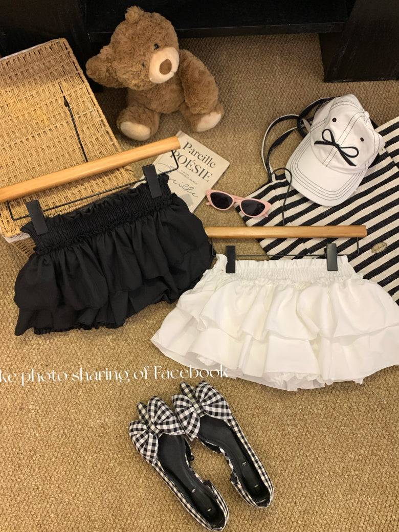 OOTDAY ruffle cake skirt, balletcore high-waist mini skirt, Japanese sweet style tiered skirt, black and white flared summer skirt, aesthetic puff short skirt for girls
