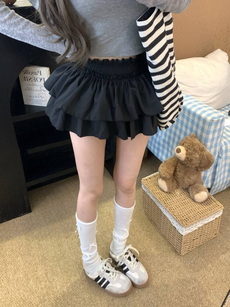OOTDAY ruffle cake skirt, balletcore high-waist mini skirt, Japanese sweet style tiered skirt, black and white flared summer skirt, aesthetic puff short skirt for girls