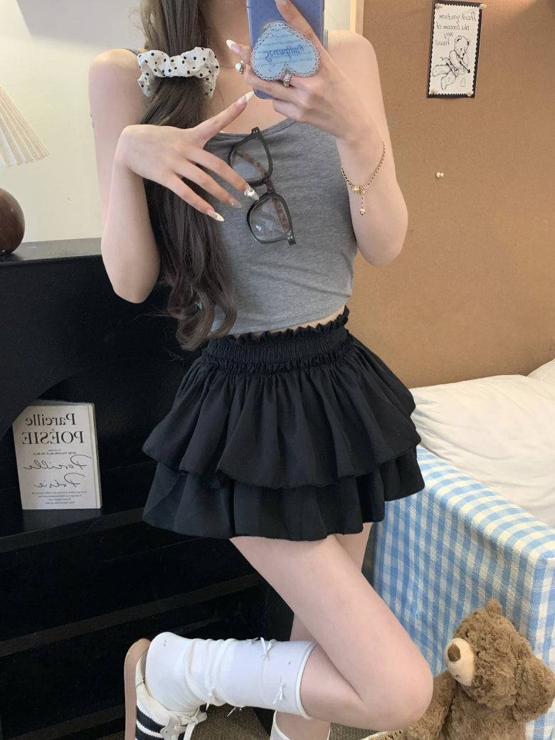 OOTDAY ruffle cake skirt, balletcore high-waist mini skirt, Japanese sweet style tiered skirt, black and white flared summer skirt, aesthetic puff short skirt for girls
