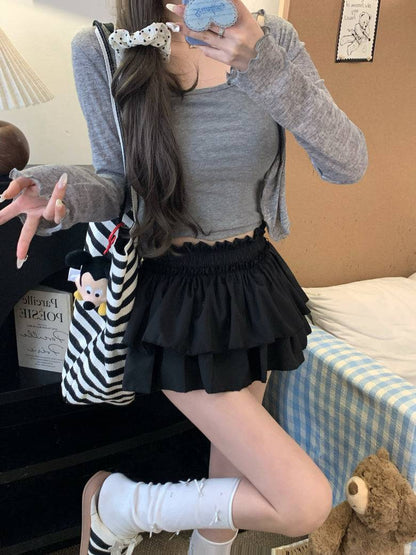 OOTDAY ruffle cake skirt, balletcore high-waist mini skirt, Japanese sweet style tiered skirt, black and white flared summer skirt, aesthetic puff short skirt for girls