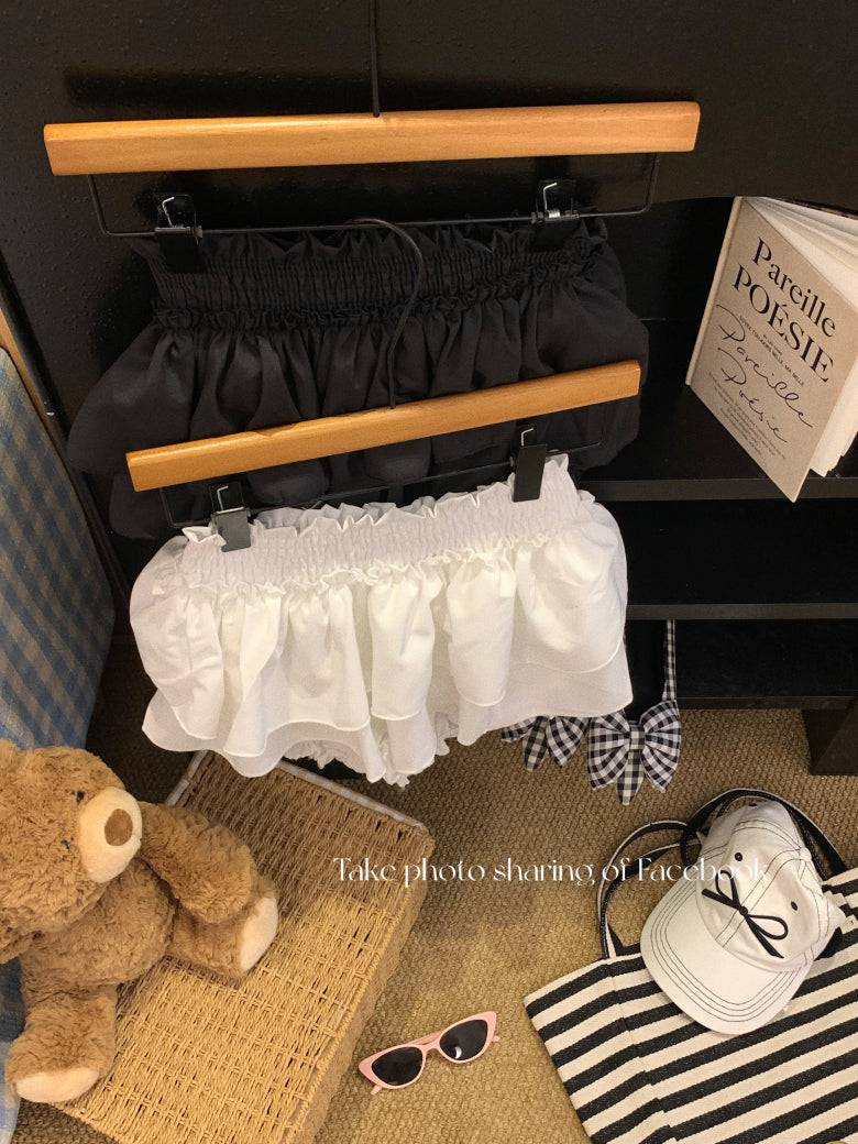 OOTDAY ruffle cake skirt, balletcore high-waist mini skirt, Japanese sweet style tiered skirt, black and white flared summer skirt, aesthetic puff short skirt for girls