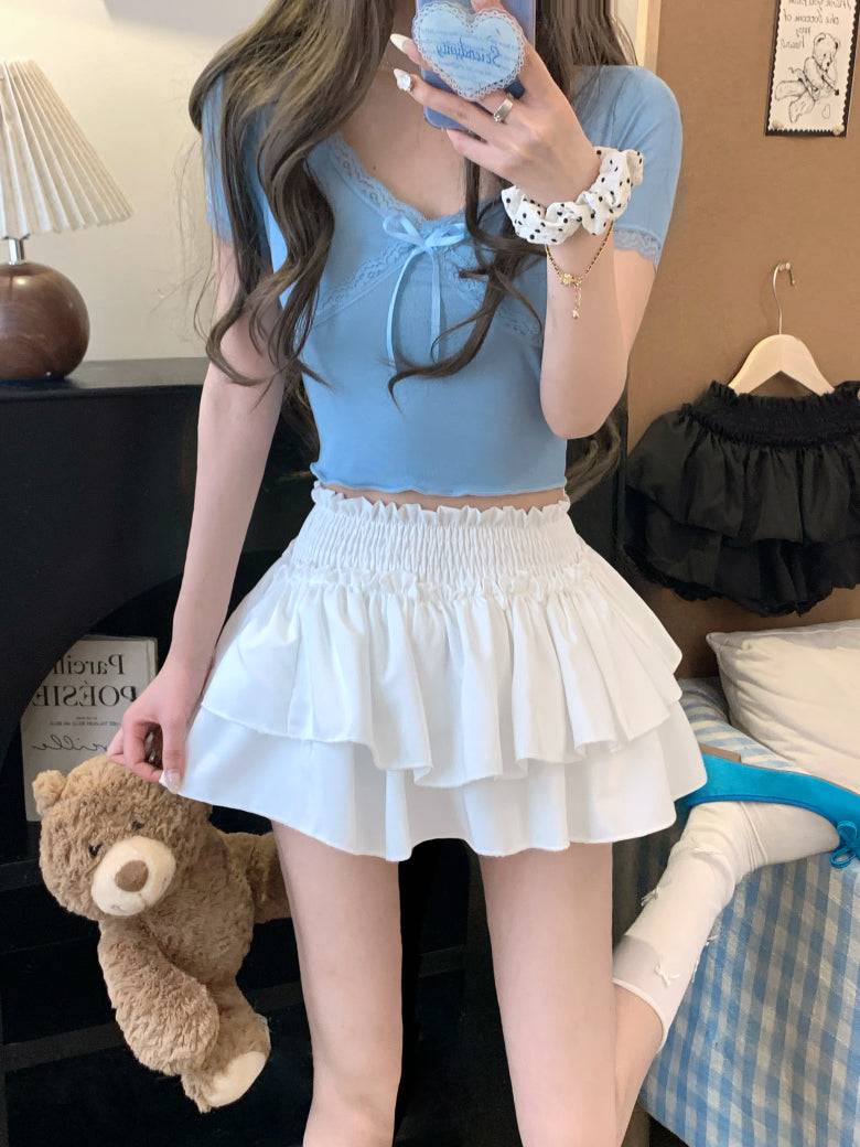 OOTDAY ruffle cake skirt, balletcore high-waist mini skirt, Japanese sweet style tiered skirt, black and white flared summer skirt, aesthetic puff short skirt for girls