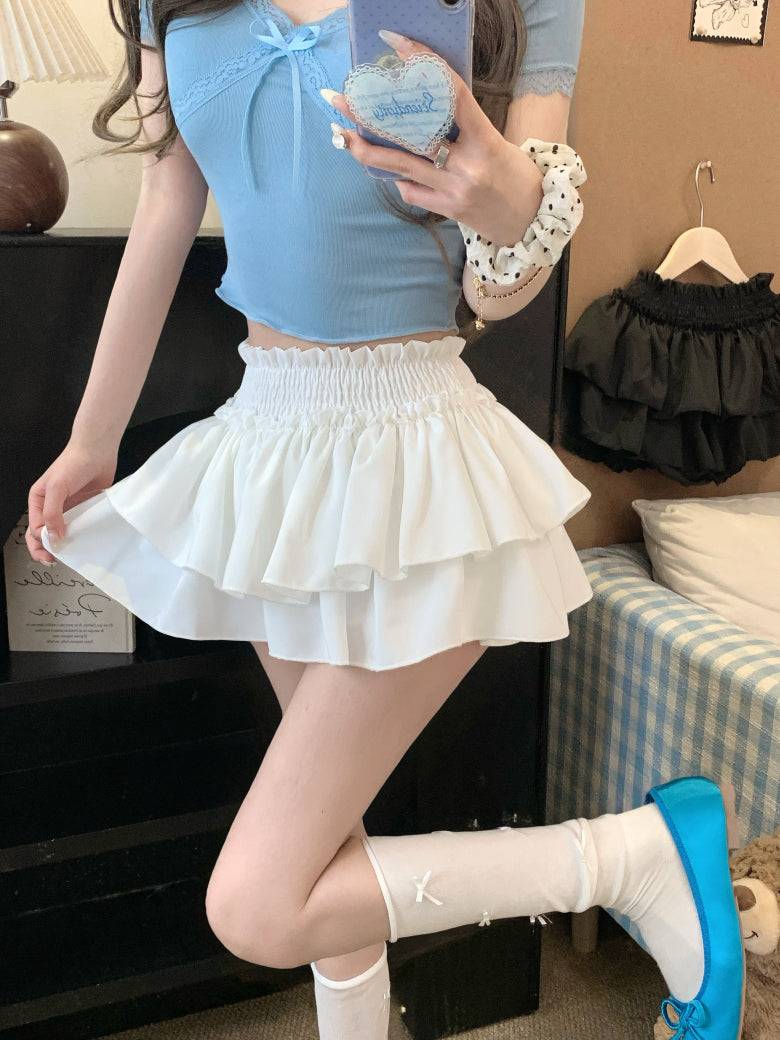 OOTDAY ruffle cake skirt, balletcore high-waist mini skirt, Japanese sweet style tiered skirt, black and white flared summer skirt, aesthetic puff short skirt for girls
