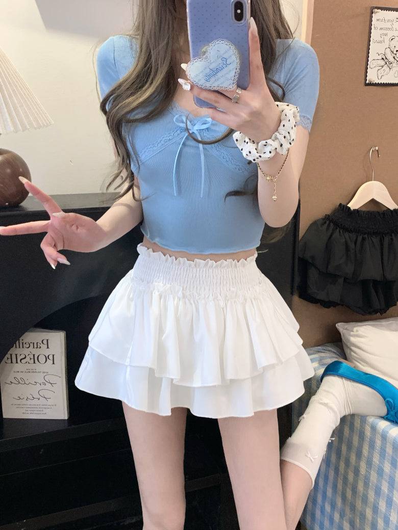 OOTDAY ruffle cake skirt, balletcore high-waist mini skirt, Japanese sweet style tiered skirt, black and white flared summer skirt, aesthetic puff short skirt for girls
