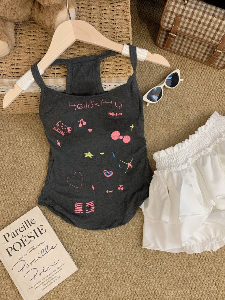 OOTDAY graffiti print camisole, Y2K hand-drawn tank top for women, American baddie summer vest, green and white fitted crop top, streetwear aesthetic camisole for girls