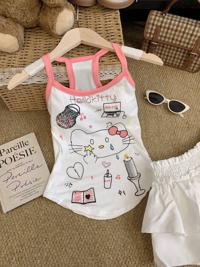 OOTDAY graffiti print camisole, Y2K hand-drawn tank top for women, American baddie summer vest, green and white fitted crop top, streetwear aesthetic camisole for girls