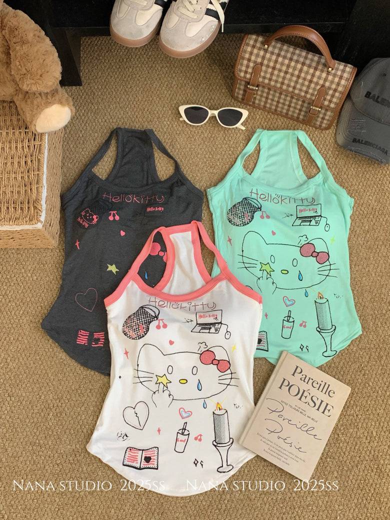 OOTDAY graffiti print camisole, Y2K hand-drawn tank top for women, American baddie summer vest, green and white fitted crop top, streetwear aesthetic camisole for girls