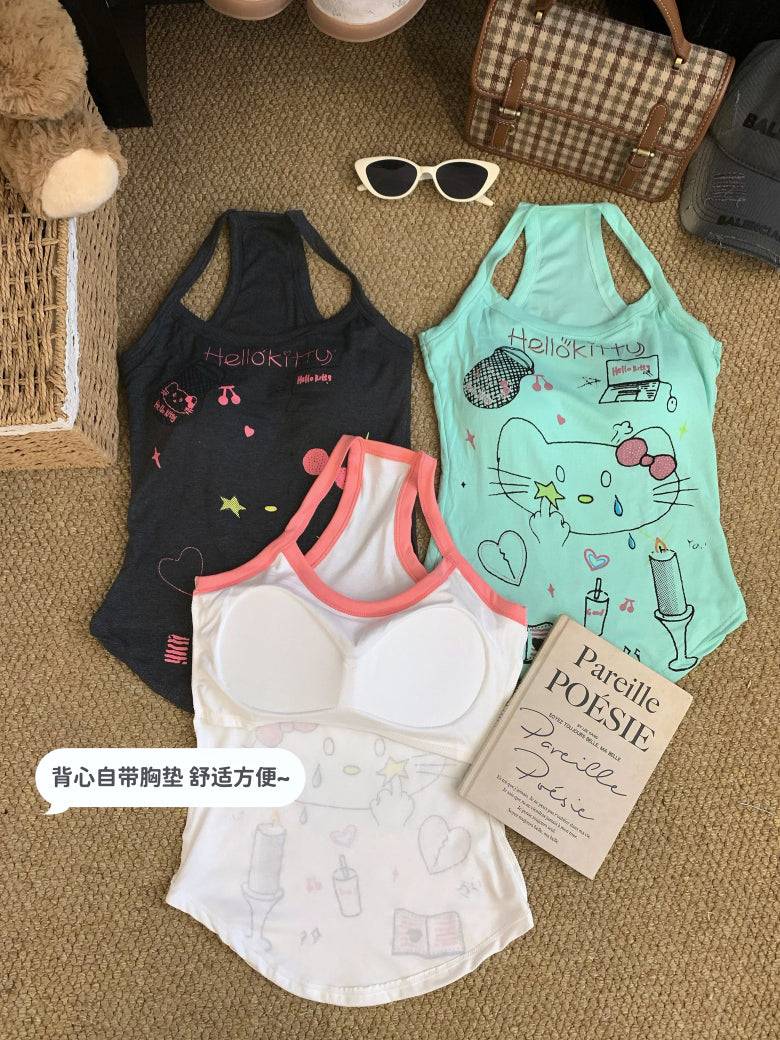 OOTDAY graffiti print camisole, Y2K hand-drawn tank top for women, American baddie summer vest, green and white fitted crop top, streetwear aesthetic camisole for girls