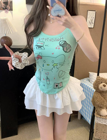 OOTDAY graffiti print camisole, Y2K hand-drawn tank top for women, American baddie summer vest, green and white fitted crop top, streetwear aesthetic camisole for girls