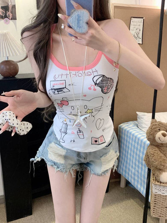 OOTDAY graffiti print camisole, Y2K hand-drawn tank top for women, American baddie summer vest, green and white fitted crop top, streetwear aesthetic camisole for girls
