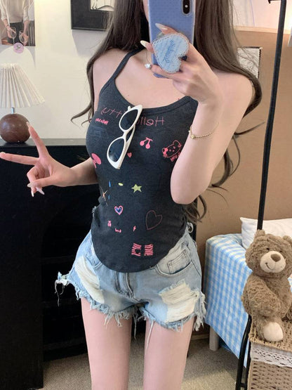 OOTDAY graffiti print camisole, Y2K hand-drawn tank top for women, American baddie summer vest, green and white fitted crop top, streetwear aesthetic camisole for girls