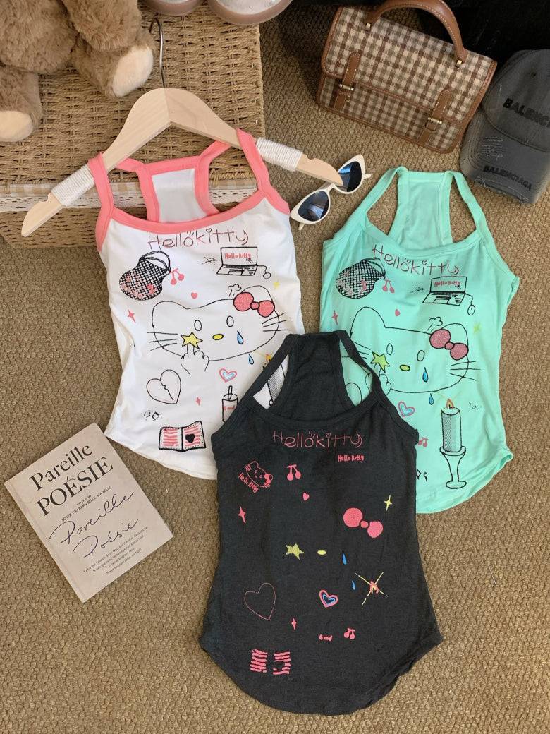 OOTDAY graffiti print camisole, Y2K hand-drawn tank top for women, American baddie summer vest, green and white fitted crop top, streetwear aesthetic camisole for girls