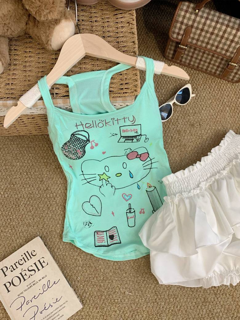 OOTDAY graffiti print camisole, Y2K hand-drawn tank top for women, American baddie summer vest, green and white fitted crop top, streetwear aesthetic camisole for girls