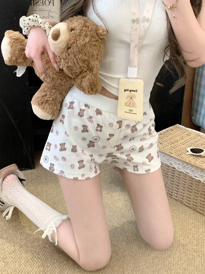 OOTDAY floral print cotton shorts for women, cute bear and puppy print lounge shorts, Korean elastic waist summer sleep shorts, comfy woven cotton hot pants for girls