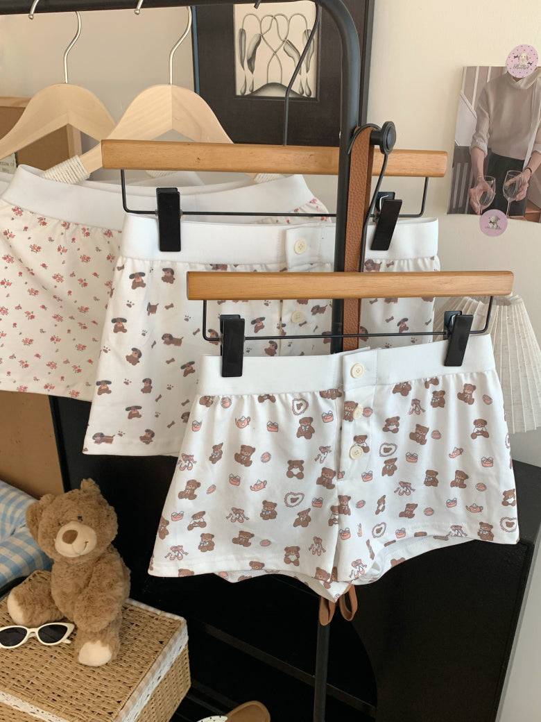 OOTDAY floral print cotton shorts for women, cute bear and puppy print lounge shorts, Korean elastic waist summer sleep shorts, comfy woven cotton hot pants for girls