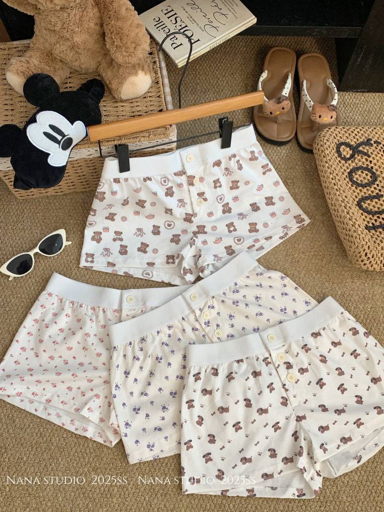 OOTDAY floral print cotton shorts for women, cute bear and puppy print lounge shorts, Korean elastic waist summer sleep shorts, comfy woven cotton hot pants for girls