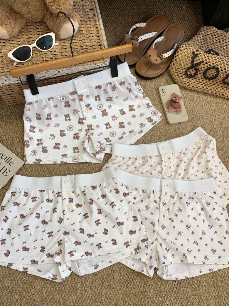 OOTDAY floral print cotton shorts for women, cute bear and puppy print lounge shorts, Korean elastic waist summer sleep shorts, comfy woven cotton hot pants for girls