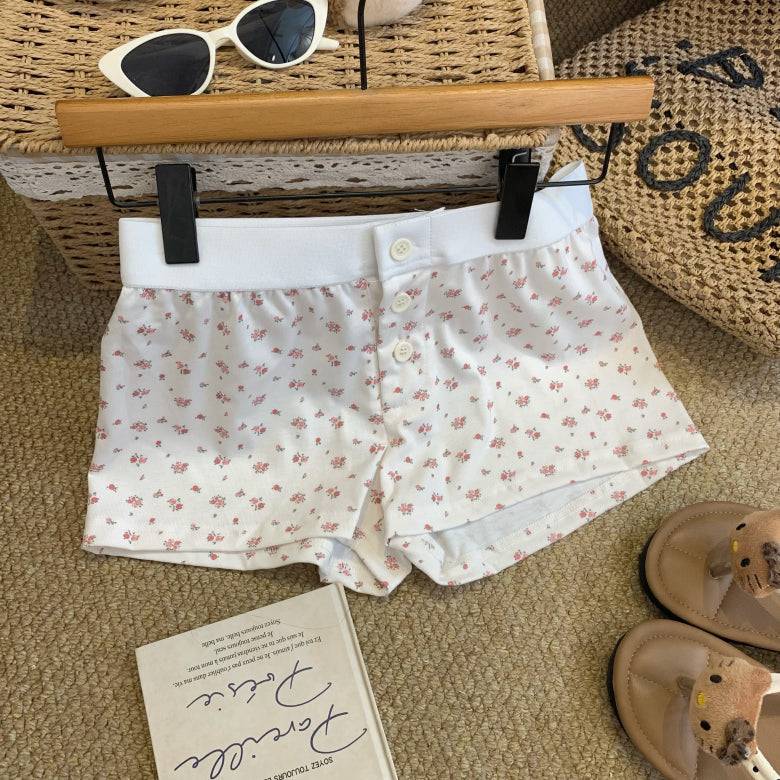 OOTDAY floral print cotton shorts for women, cute bear and puppy print lounge shorts, Korean elastic waist summer sleep shorts, comfy woven cotton hot pants for girls