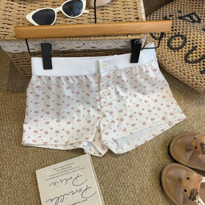 OOTDAY floral print cotton shorts for women, cute bear and puppy print lounge shorts, Korean elastic waist summer sleep shorts, comfy woven cotton hot pants for girls