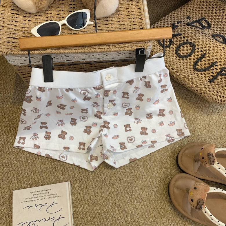 OOTDAY floral print cotton shorts for women, cute bear and puppy print lounge shorts, Korean elastic waist summer sleep shorts, comfy woven cotton hot pants for girls