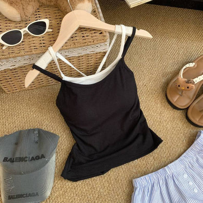 OOTDAY contrast trim camisole with built-in bra, two-piece look summer tank top, backless crop cami for girls, Korean slim fit layering top, red white black khaki camisole top