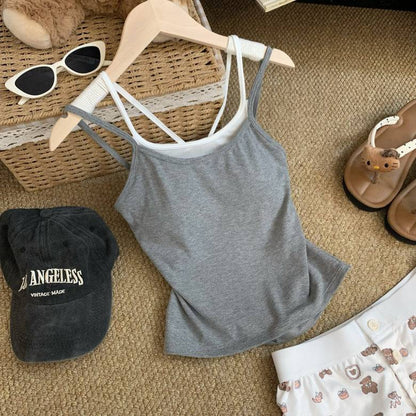 OOTDAY contrast trim camisole with built-in bra, two-piece look summer tank top, backless crop cami for girls, Korean slim fit layering top, red white black khaki camisole top