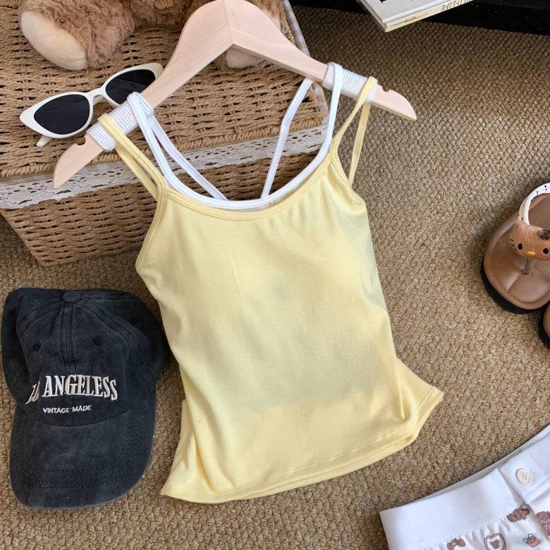OOTDAY contrast trim camisole with built-in bra, two-piece look summer tank top, backless crop cami for girls, Korean slim fit layering top, red white black khaki camisole top